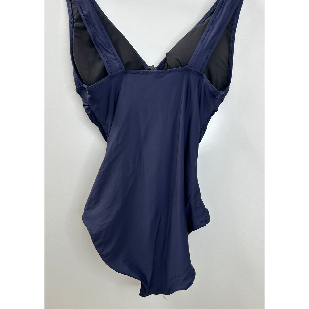 J.Crew Navy Blue Ruched Deep V-Neck One Piece Swimsuit Size 10 Stretch Lined - Picture 15 of 16